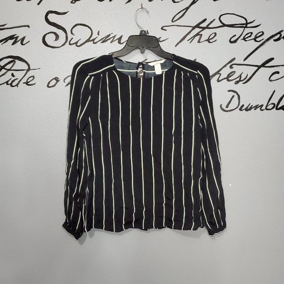 H&M Black, White & Green Striped Scoop Neck Long Sleeve Blouse, 8 - Picture 1 of 7